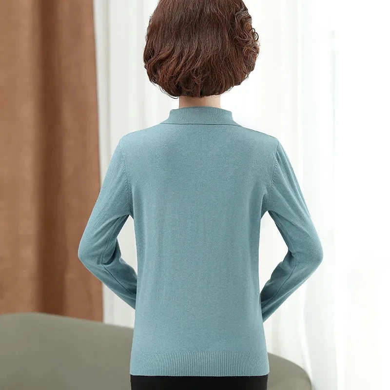 Middle-aged Elderly Women's Knitted Sweater Autumn Long-sleeved Lapel Pullovers Female Elegant Knitwear Mother Sweaters Jumper