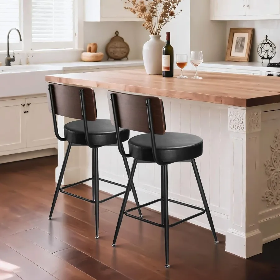 Counter Height Bar Stools Set of 2 25 Inch Swivel Bar Stools with Back Black for Kitchen Island Comfortable Backrest Durable De