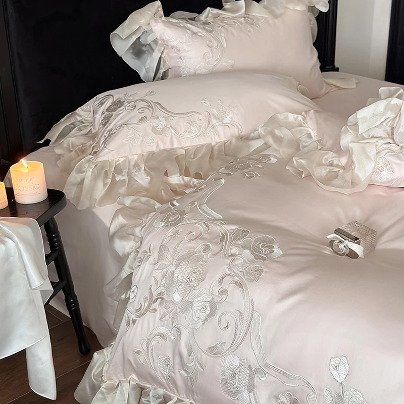 High end Flowers Embroidery Bedding Set Luxury Pink Egyptian Cotton Princess Duvet Cover Bed Sheet Pillowcases Home Textile