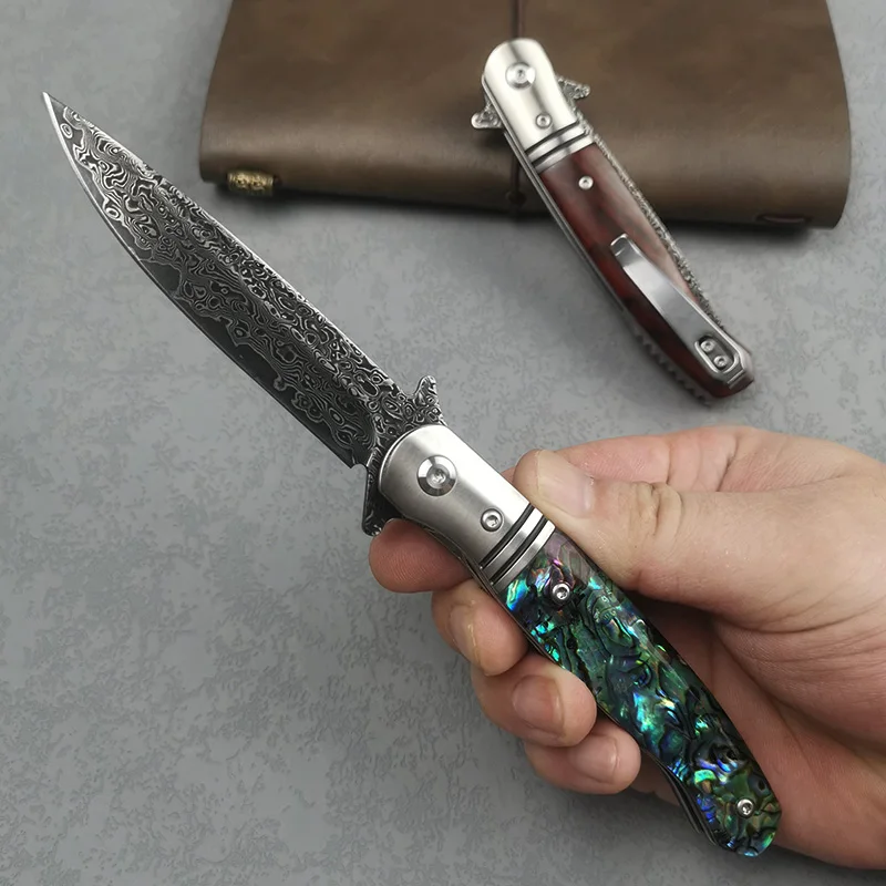 

Tactical Folding Blade Damascus Steel Handmade Survival Utility Folding Knife Camping Outdoor EDC Tool Pocket Knives Wood Handle