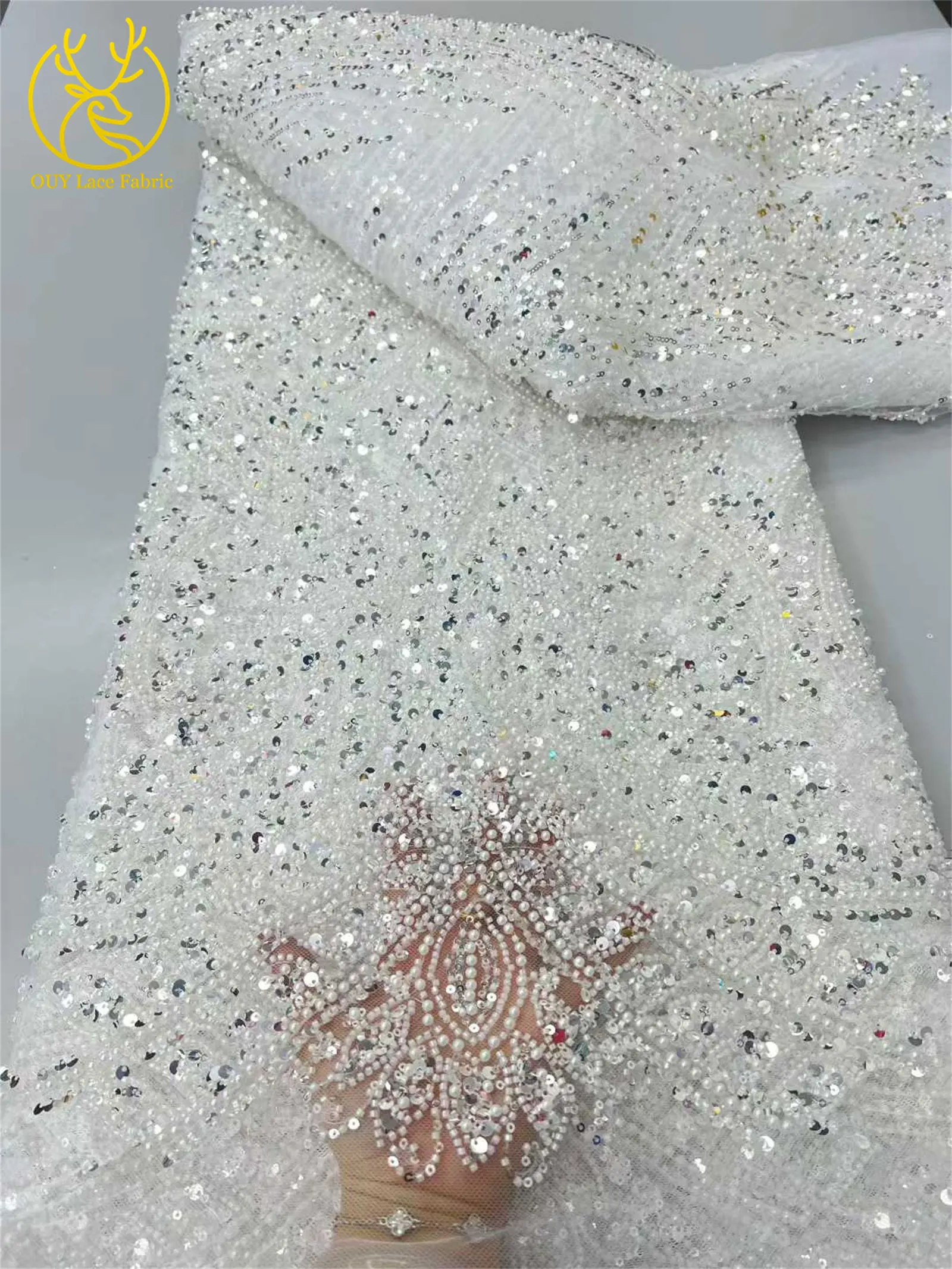 2026 Afrikanischer Spitzenstoff, hochwertiger Kaffeebrauner französischer Spitzenstoff mit Perlen und Pailletten, nigerianischer Braut-Mesh-Spitzenstoff, 5 Yards – Detail 7