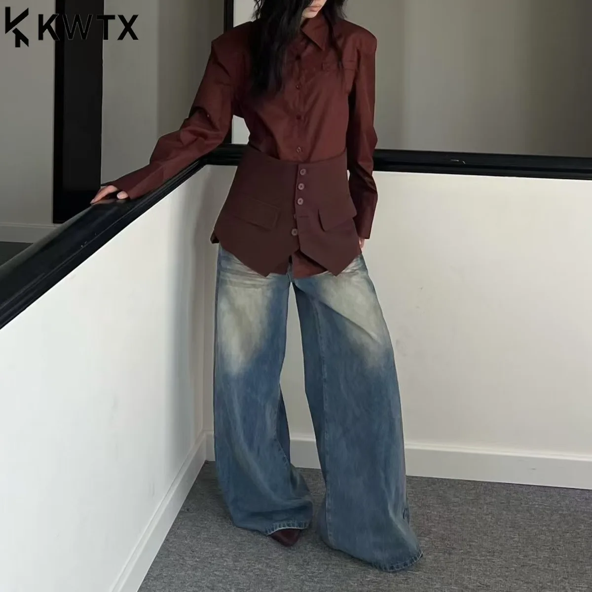 KWTX Women's 2 Piece Shirt Set Casual Elegant Chic Slim Fit Designer Lapel Single Button with Cincher Belt Premium Solid SS25