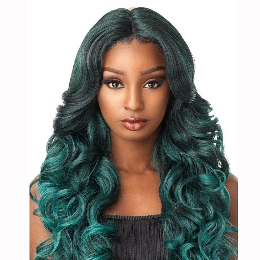 

Long Wig Fashion European and American Style Synthetic Hair Dream Green Water Ripple Curly Cosplay Party Daily Use Head Cover