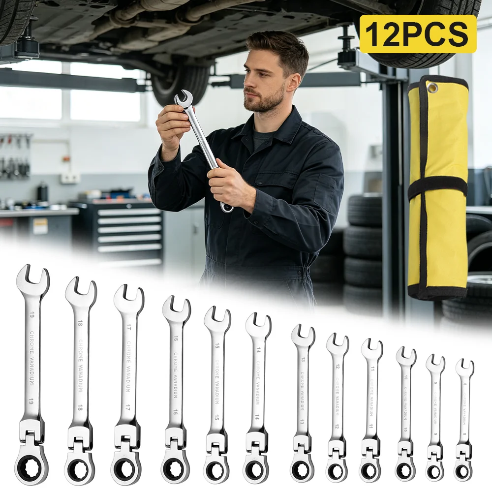 Image of Ratschenschlüssel-Set, 8-19mm Metrischer Flexkopf-Ratschenschlüssel-Kit, Doppelfunktions-Maulschlüssel mit Leinentasche