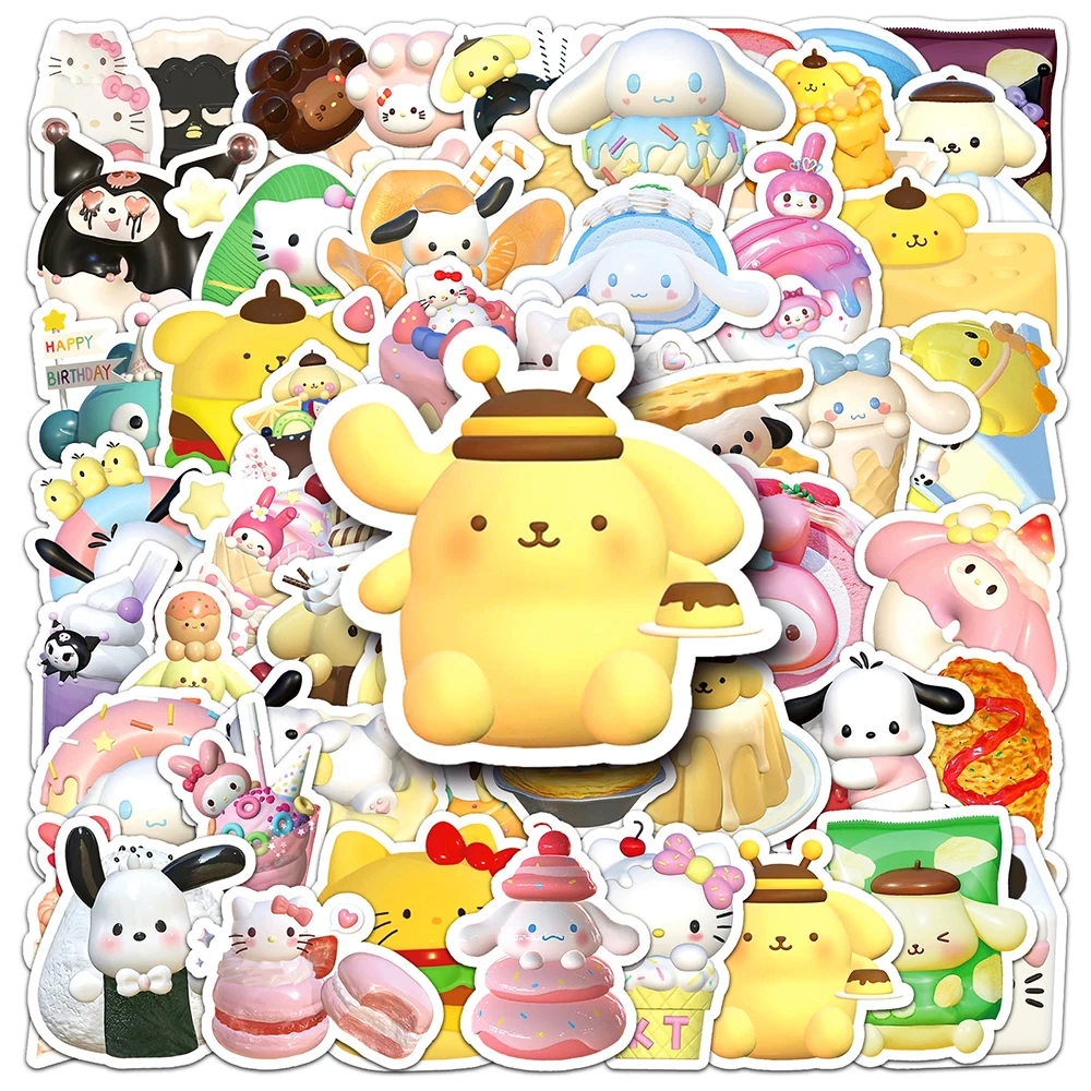 10/30/50pcs Cute Funny Food Sanrio Cartoon Stickers 3D Hello Kitty Kuromi My Melody Anime Decals Kawaii Kids Sticker Toys