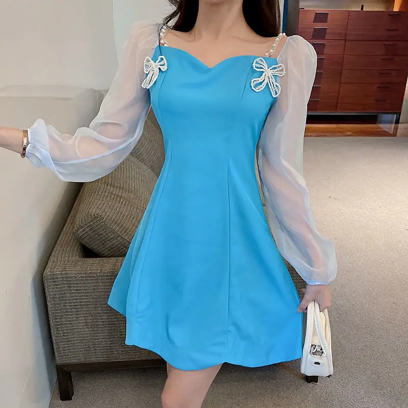 Dress One-Line Collar Bow Blue Tea Break Platycodon Short Skirt Women'S Spring And Summer New Design Niche Goddess Style Dress