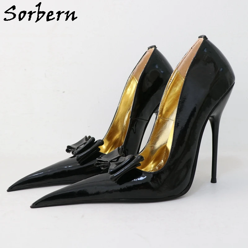 Sorbern Red Shiny Bowknot Women Pumps Long Pointed Toe Slip On Stilettos 12Cm Cigarette Heels Custom Colors Fetish Pump Footwear