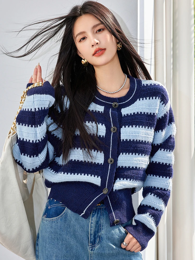 Autumn Winter Fashion Striped Cardigans Sweater Loose O-neck Single Breasted Sweater Coat Female Knitting Tops Jacket