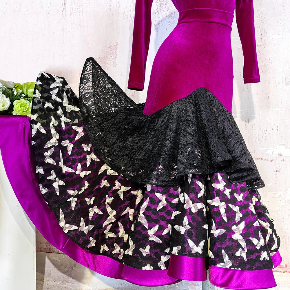 

Customized Waltz Skirt Women’s Dress Lace Dance Skirt New High-End Performance Velvet Embroidered Three-Layer Midi Skirt