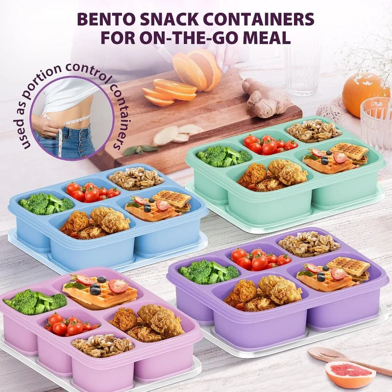 4 Pack Lunchable Container with 5 Compartments for Adults On-the-Go Meals [Portion Control], Reusable Bento Lunch Box