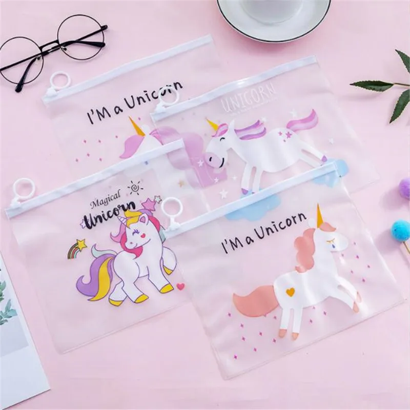 Unicorn Transparent PVC Frosted Zipper Bag Waterproof Storage Bag Women Travel Cosmetics Bag Office Stationery Bags Makeup Case