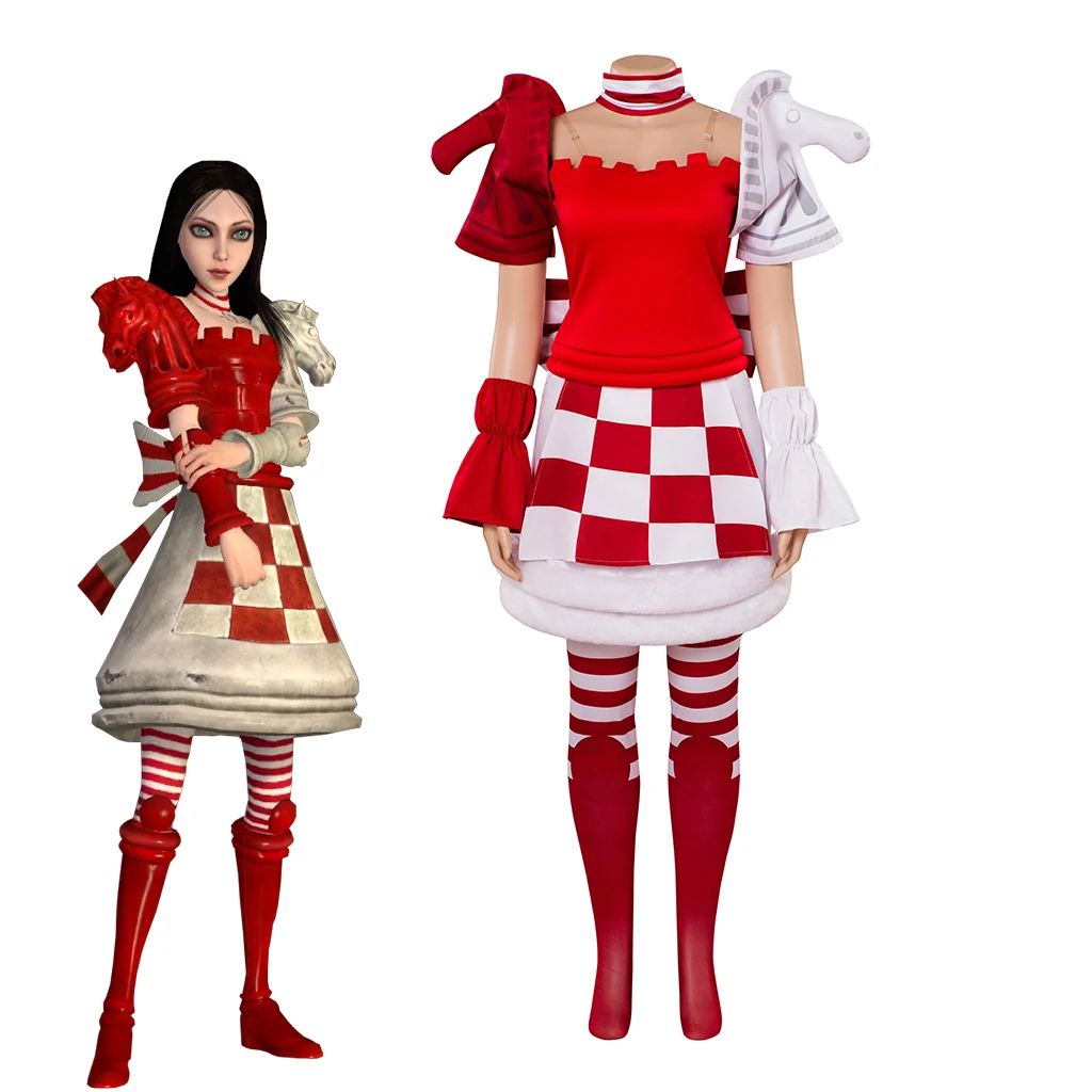 

Game Checkmate Cosplay Madness Returns Costume Women Fantasia Red Lolita Dress Suit Halloween Carnival Alice Party Gown