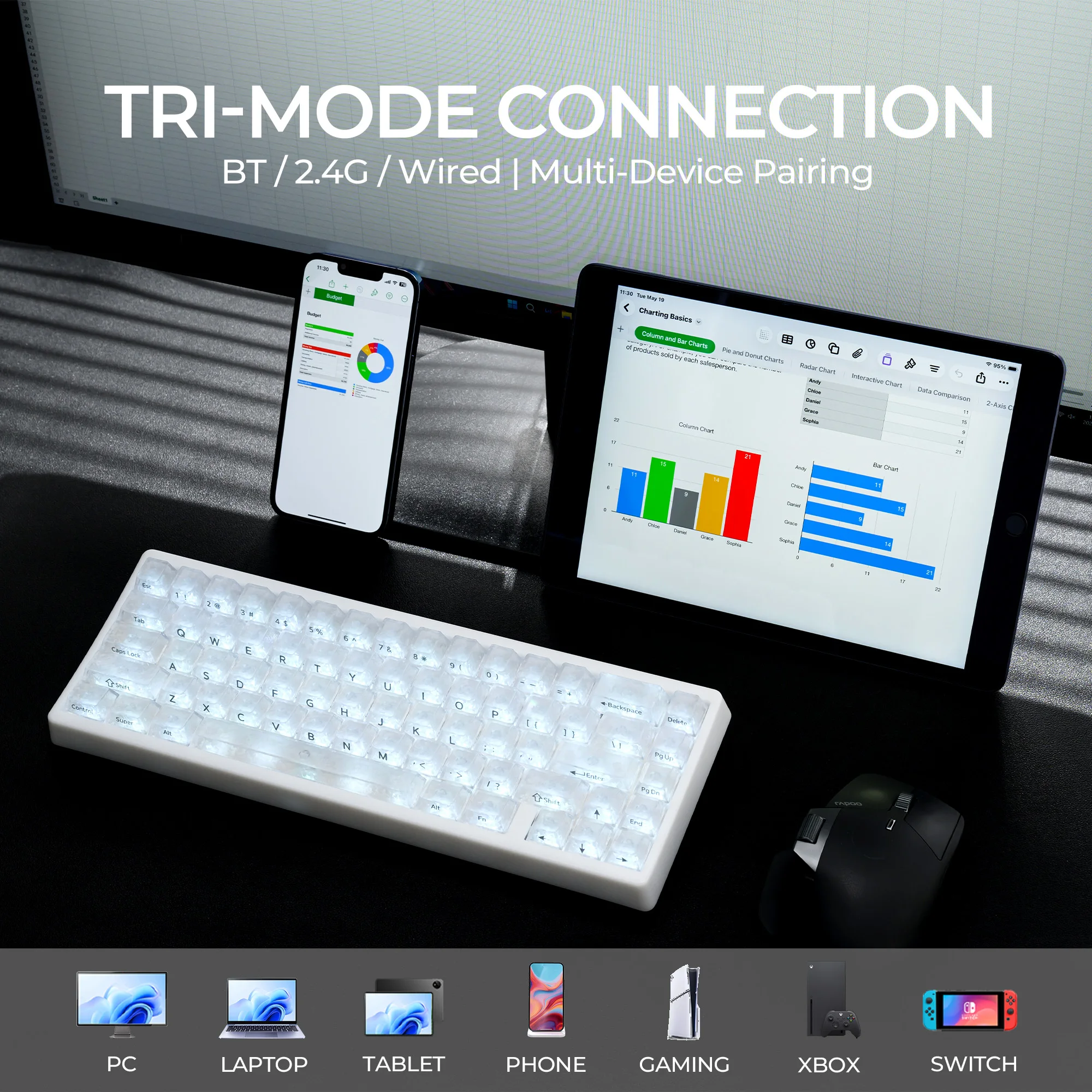 XVX M67 JadeStone Forged Carbon VIA Tri-Mode Wireless Mechanical Keyboard with Transparent Keycaps