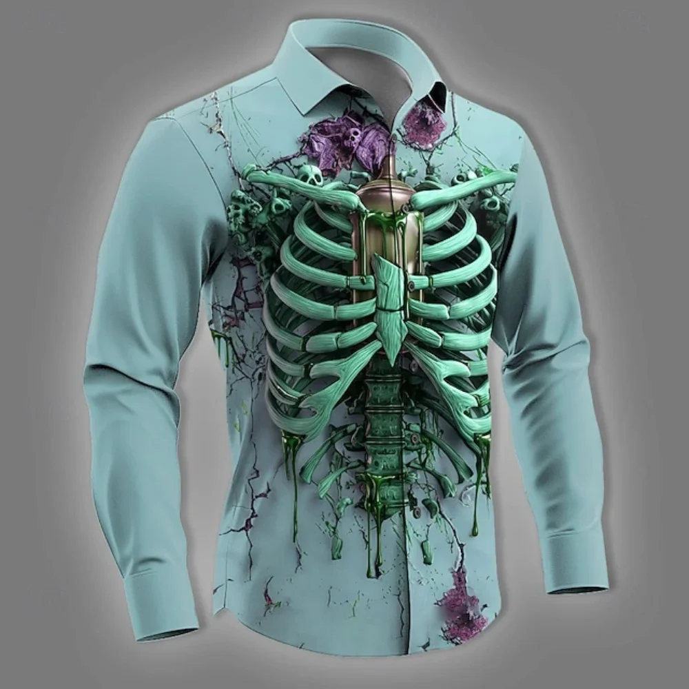 Hip-Hop Skull Pattern Men's Streetwear Long-Sleeved Top Fashionable Trendy Graphic Tee Shirt Casual Loose Fit Gothic Clothing