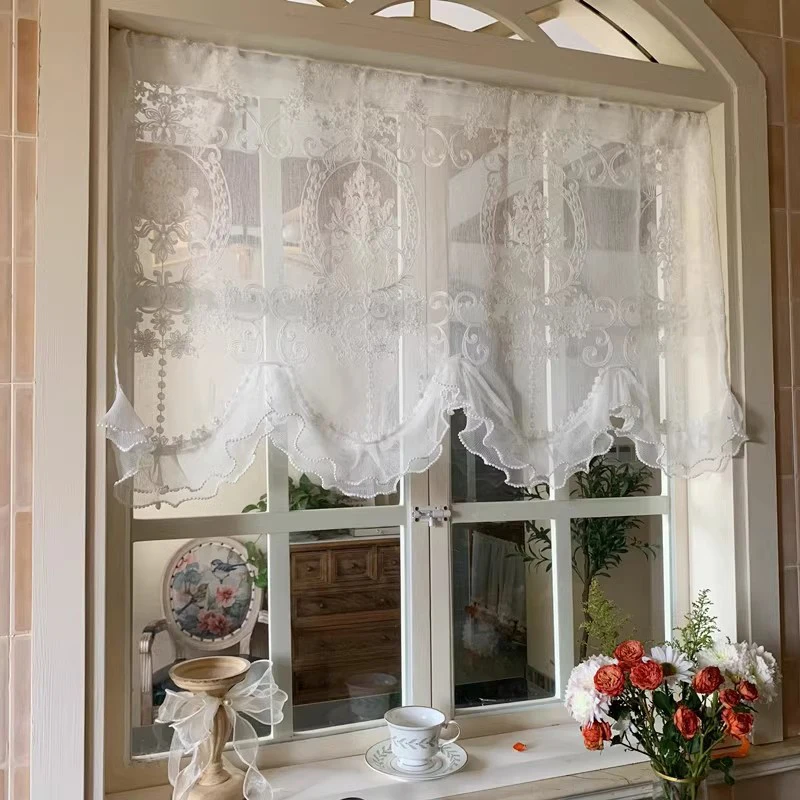 French Style Ruffled Lace Short Curtain Fashion Beaded Luxury Embroidered Tulle Short Door Curtain for Kitchen Cafe Window Decor