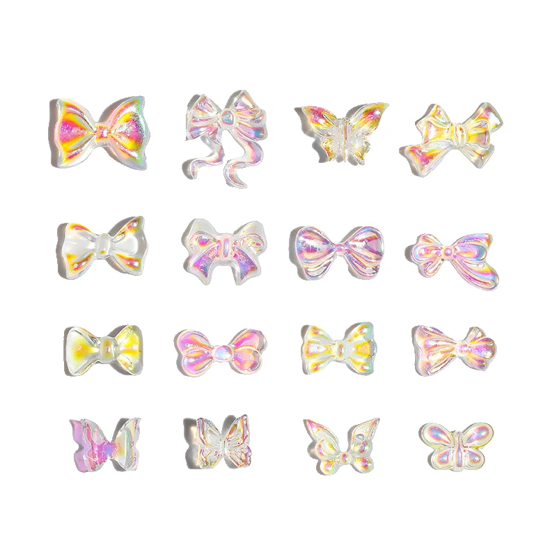 20PCS Auroras Bowknot 3D Nail Art Decoration Resin Nail Charms Jelly Color Glitter Nail Ribbon Bows Butterfly DIY Manicure Salon