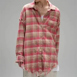 Camicia da donna 2024 autunno nuova moda a scacchi stampata 100% cotone manica lunga Top retrò nappa coppia stile camicetta da donna y2k