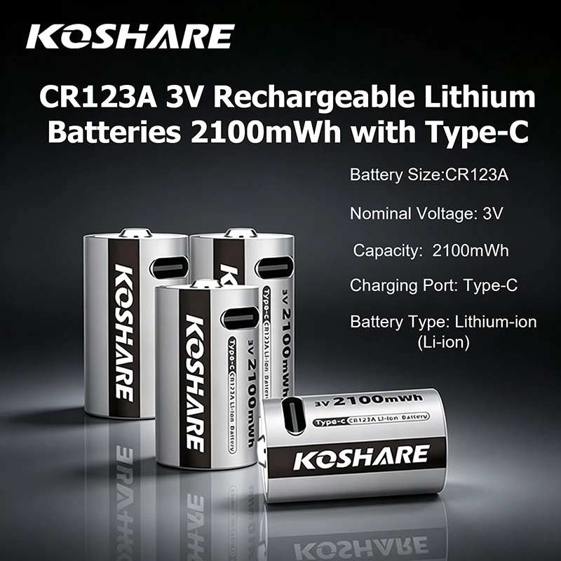 KOSHARE Type-C Rechargeable Batteries 3V CR123A 2100mWh High Capacity Lithium Battery Long-lasting For Flashlight Smoke Detector