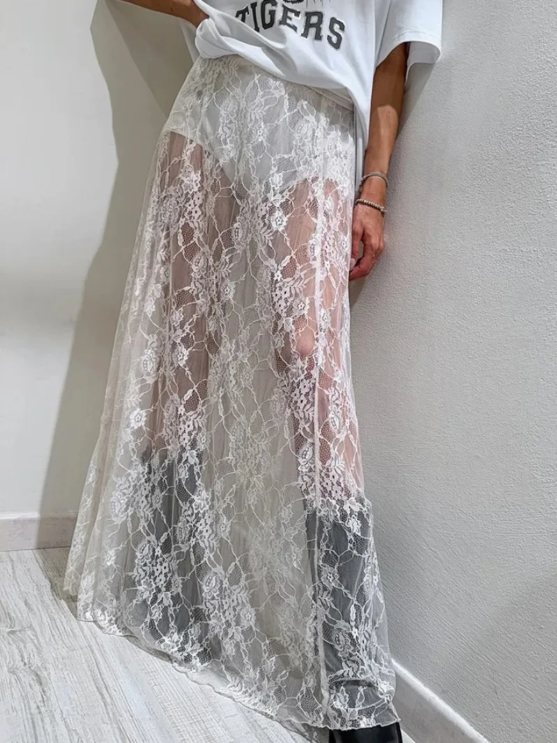 

2025 New Summer European & American Ins Lace Midi Skirt for Women Elegant Sheer Layered High-Waist A-Line Dress and Long Skirt