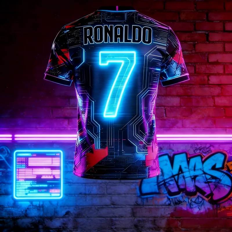 

Киберпанк Роналдо # Комплект из 7 предметов: футболка, шорты, дышащий летний спортивный костюм в футуристическом стиле Y2K для тренировок и серфинга