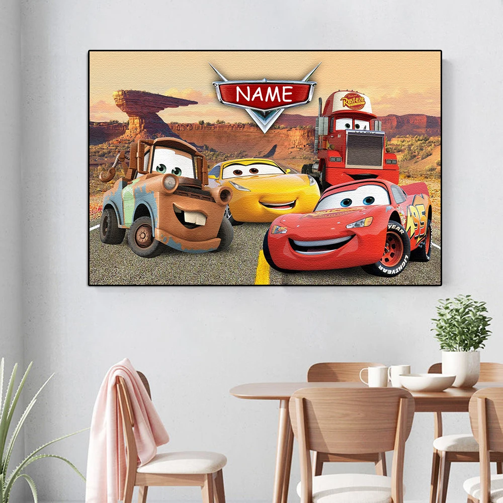 Personalized Disney Cars Name Custom Poster And Print Cartoon Comic Lightning Mcqueen Canvas Painting Wall Art Kids Room Decor