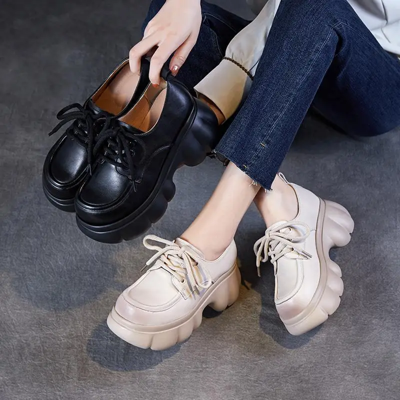 

Women's Casual Thick Bottom Loafers Leather Upper Versatile Flat Knot Tassel round Toe Rubber Outsole Comfortable Fashionable