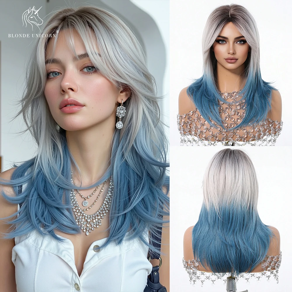 Blonde goldbraune Ombre lange gerade synthetische Perücke für Frauen mit Vorhang-Pony, hitzebeständiges Haar für Frauen, tägliche Party – Detail 15