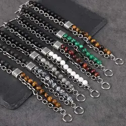 Fashion Men's Tiger Eye Stone Beaded Bracelet 8mm Natural Map Agate Beads Stainless Steel Chain Link Punk Bracelet Male Jewelry