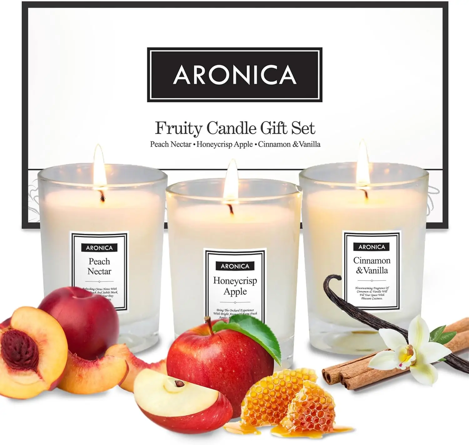 

Fresh Fruity Candles Gift Set - Honeycrisp Apple, Peach Nectar, Cinnamon Vanilla, Cute HostGift