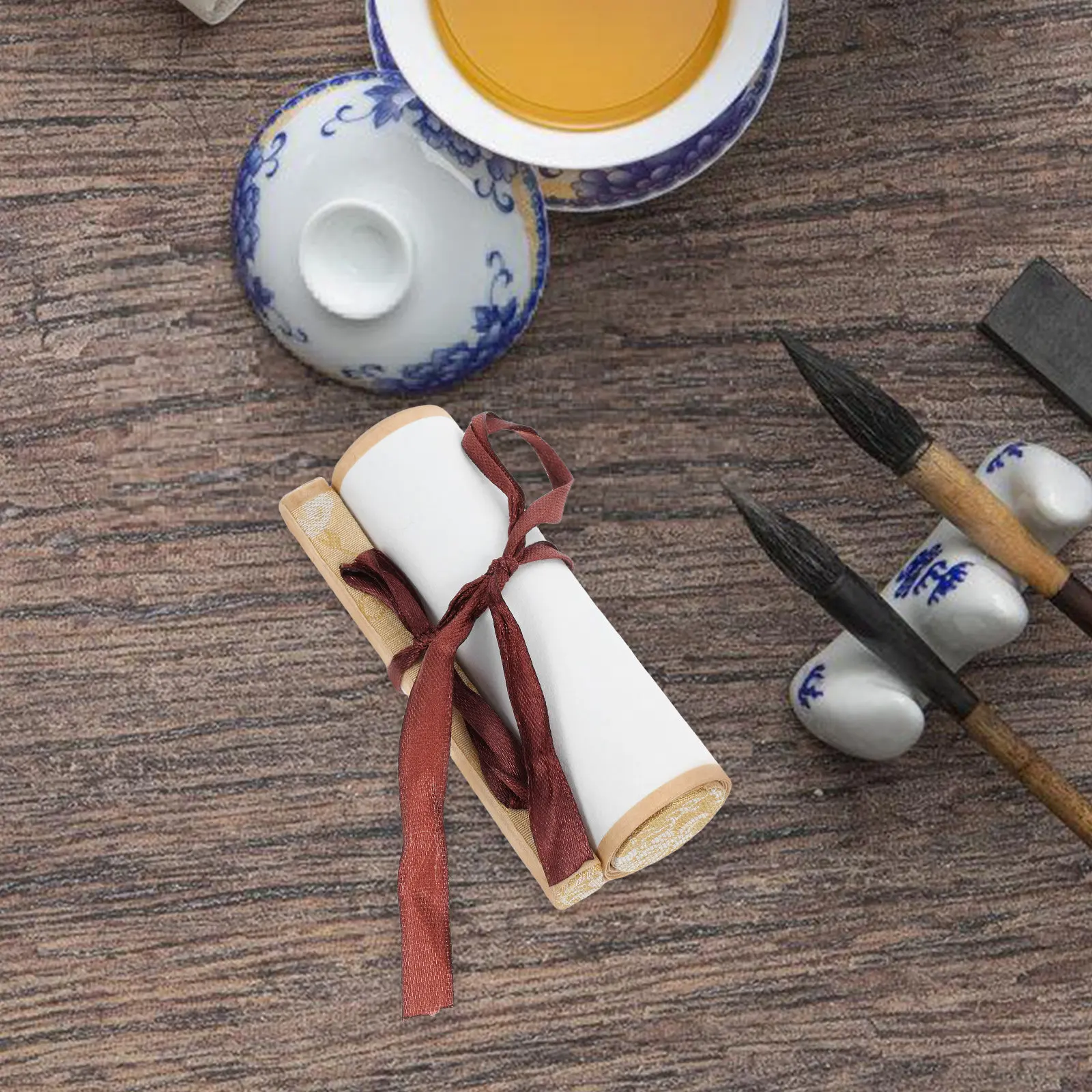 

Blank Chinese Calligraphy Scroll Paper with Wood Rod for Writing Drawing Painting Art Ceremony Home Office Decor Cultural