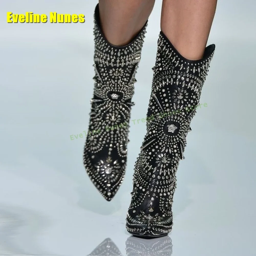 White Blingbling Crystal Inlay Luxury Boot Pointed Toe Thin Heels Pull On Sexy Metal Rivet Ladies Runway Show Ankle Boots Trend