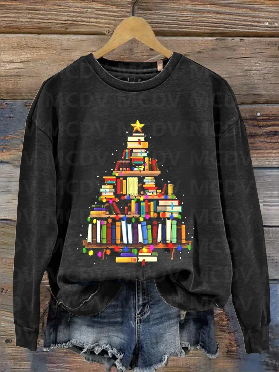 Reading Christmas Book Tree Teacher Gift Casual Sweatshirt 3D Printed Women Pullover