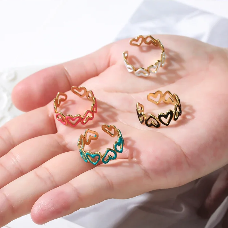 Boho Multicolor Enamel Hollow Heart Square Open Rings For Women Gold Plated Stainless Steel Belt Chain Rings Luxury Jewelry Gift