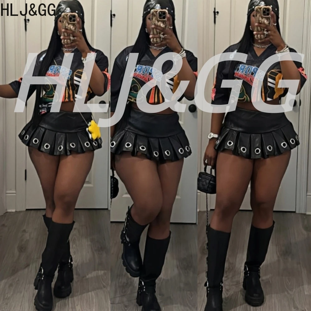 

HLJ&GG Fashion Y2K Jersey Street Sets Women V Neck Letter Print Loose Tshirts And Leather Pleated Mini Skirts Outfit Trend Suits