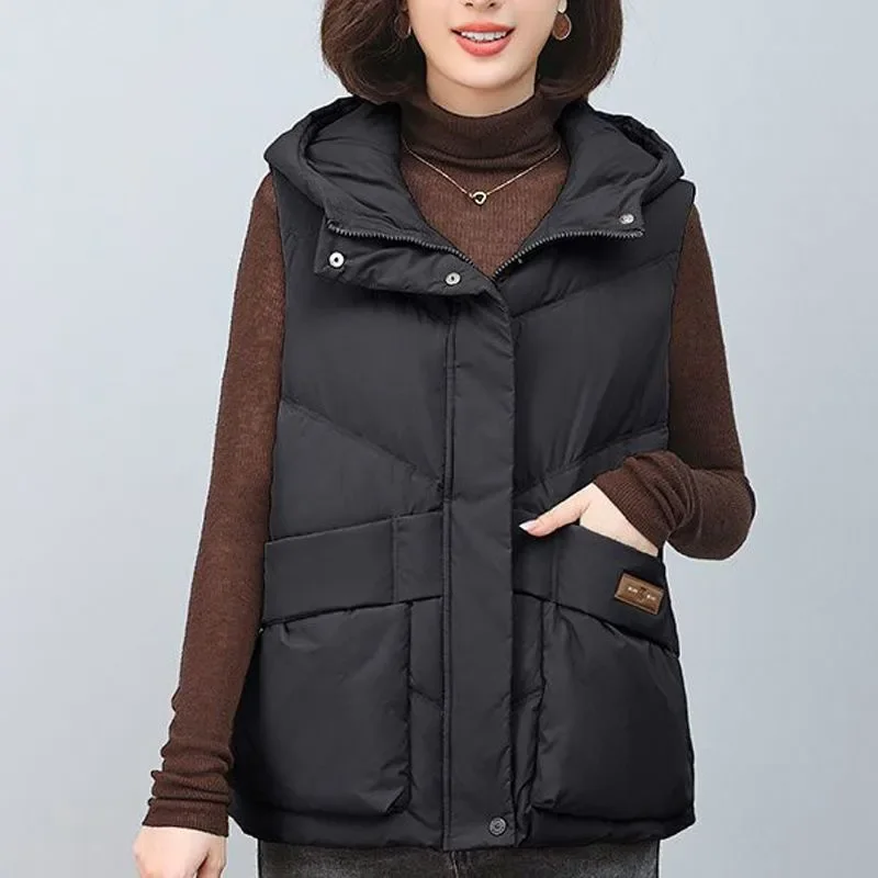 

White Duck Down Vest Women's Overcoat Autumn Winter 2025 New Thickened Warm Parka Fashion Loose Hooded Cotton Jacket Vest