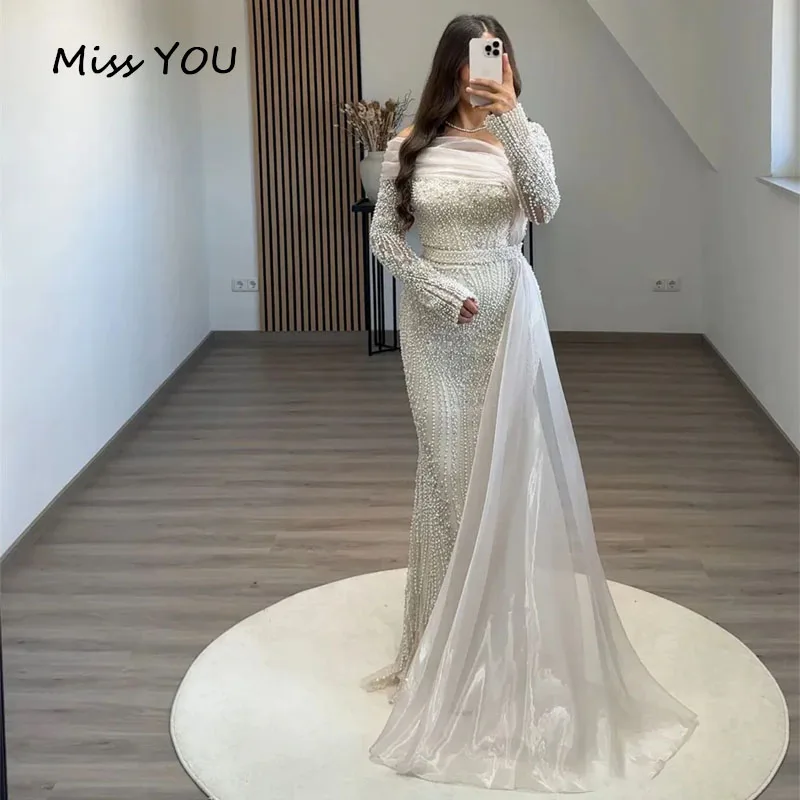 Customized Evening Dress  Women's Elegant Beaded Pearls Luxury Mermaid with Long Sleeve Vintage Formal Prom Wedding Party Gowns