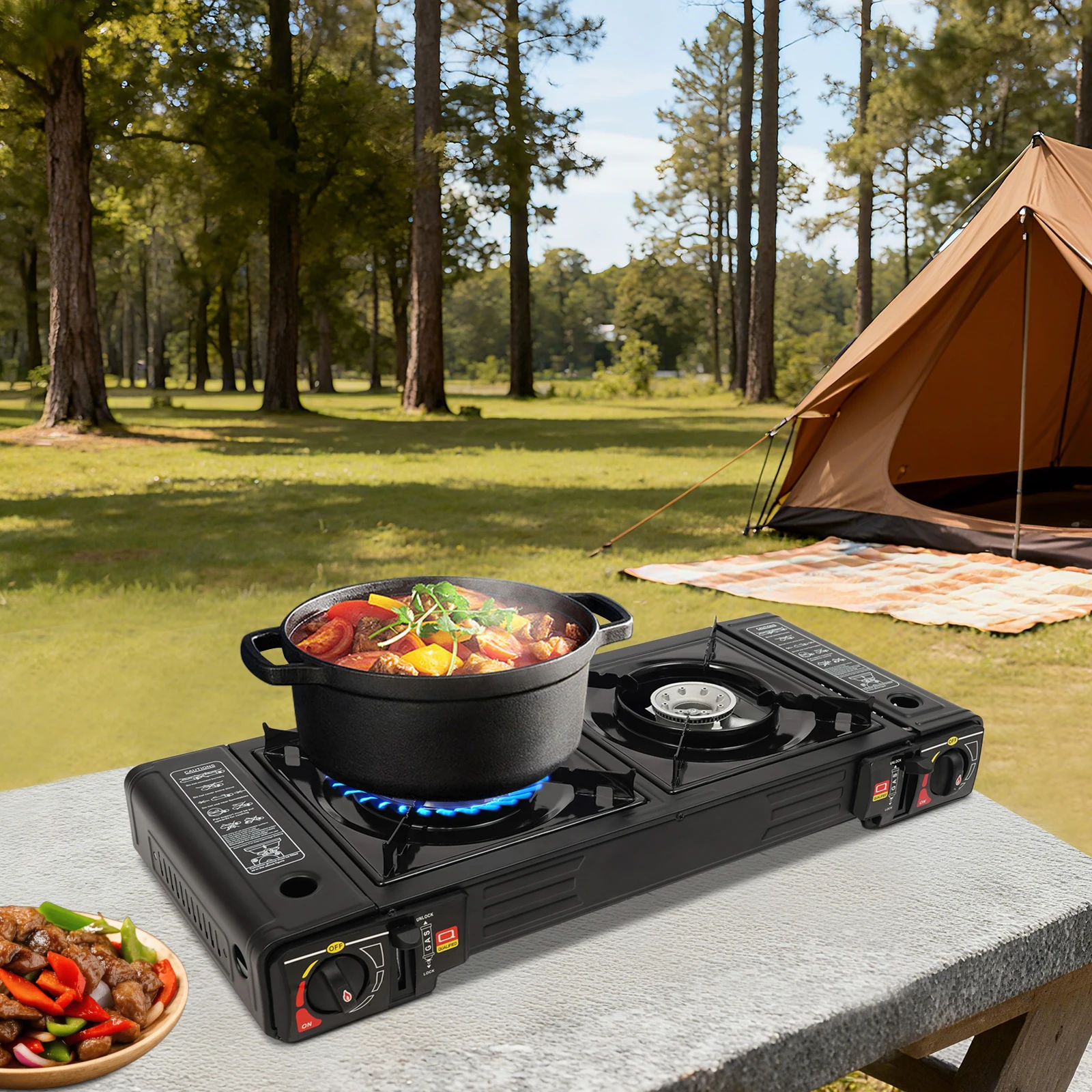 Fogão de acampamento portátil de 2 queimadores, kit de fogão de acampamento butano com panela e estojo de transporte, ignição automática, queimador de acampamento lpg