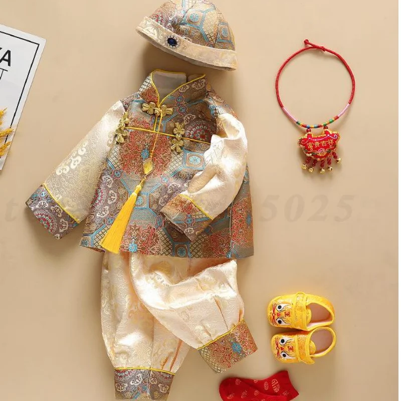 

Традиционный китайский костюм ханьфу Тан для маленьких мальчиков и девочек, одежда для дня рождения, наряд на сто дней, костюм для новорожденных