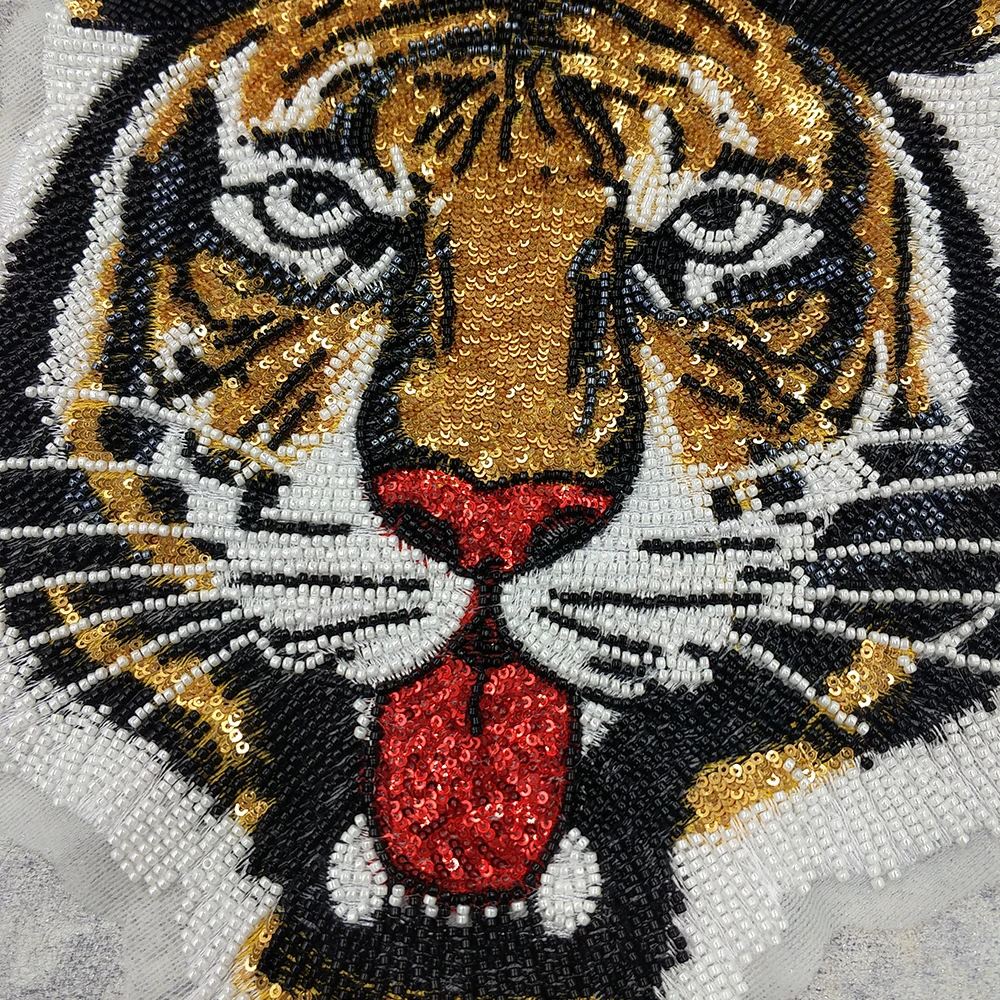 Domineering Sequin Cool Yellow Tiger Embroidery Beaded Patch Punk Rock Applique Big Badge Jacket Clothes Sewing DIY Accessories