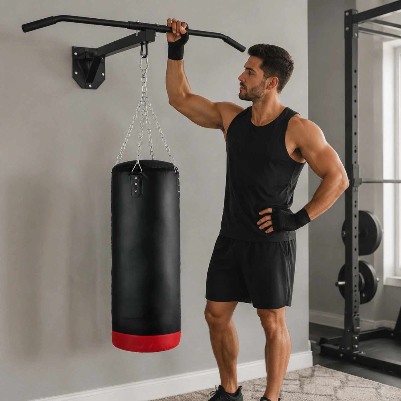 Pull-up Bar Bar with Bag Hanger Heavy-Duty Training Rack Workout Station Multi-Functional Equipment Sturdy for Boxers, Home Gym