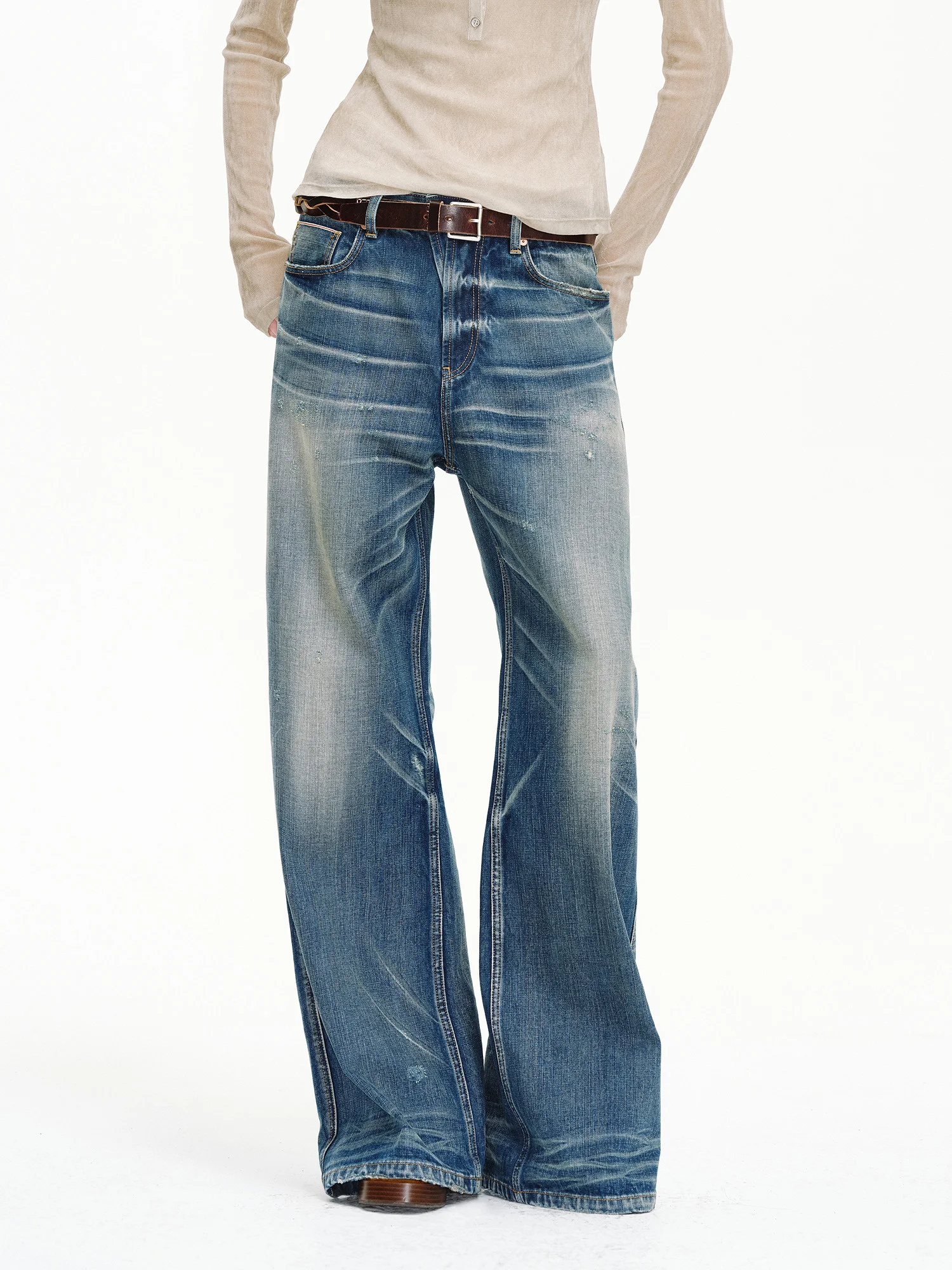 

Low Waist Wide Leg Denim Jeans Women's Vintage Waed Fading American Sle Blue Red Ear Galaxy Radio Retro Jeans