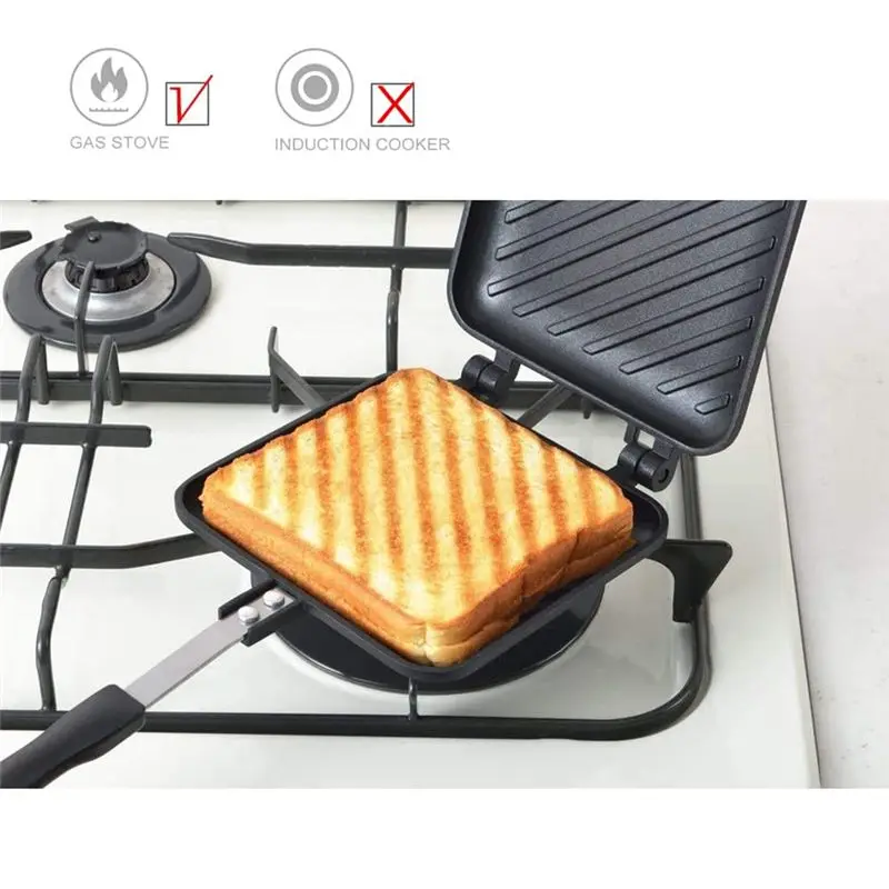 A84G-Sandwich Maker Non-Stick Hot Sandwich Maker Panini Grill Pans With Handle Aluminum Flip Pan Fit For Home Kitchen