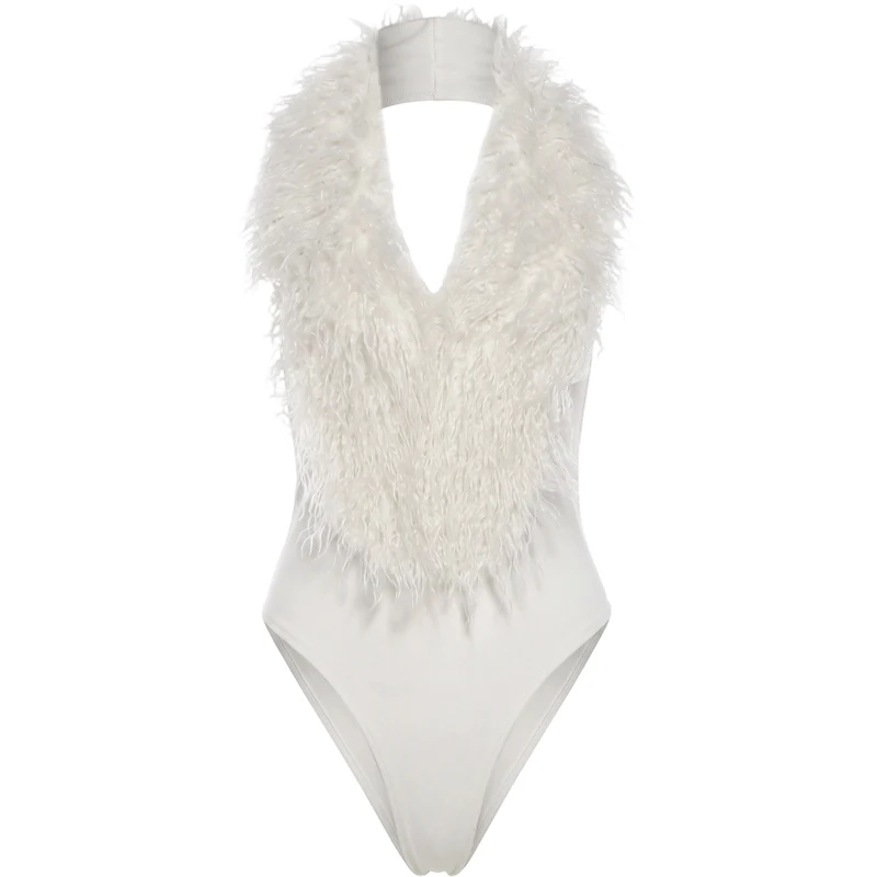 Weird Puss Bodysuit mit Kunstpelzkragen für Damen, tiefem V-Ausschnitt, Neckholder, rückenfrei, ärmellos, figurbetont, sexy, Hottie, Midnight High Street Outfit – Detail 2