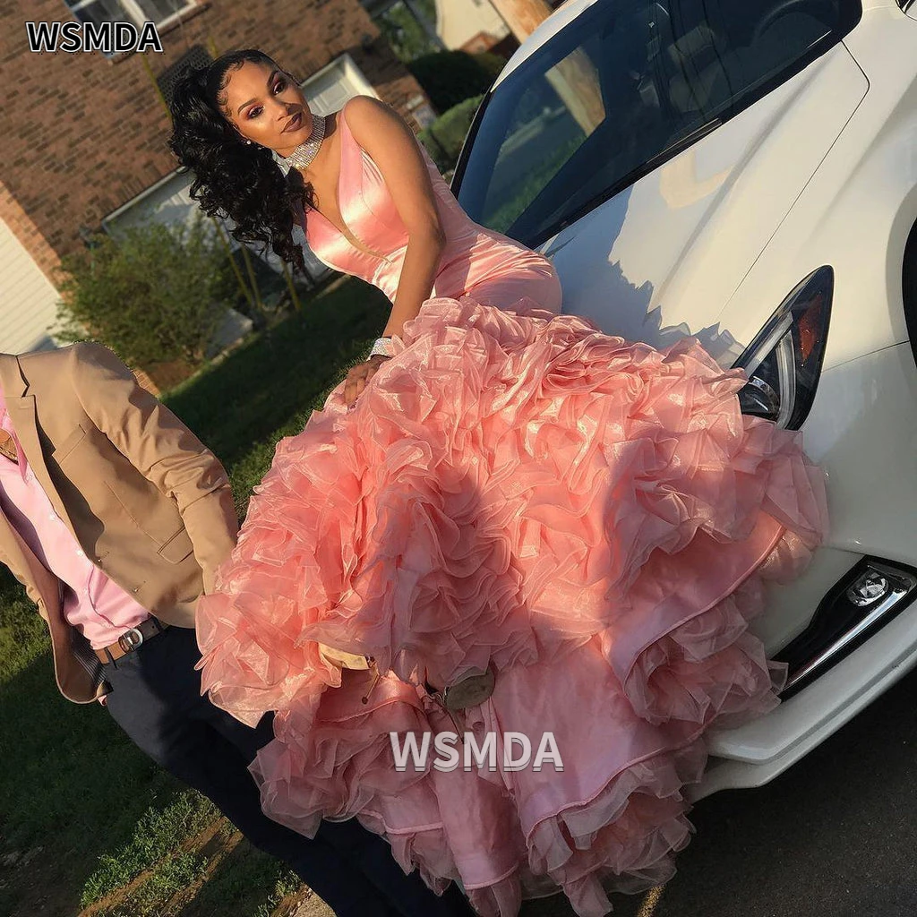 Vestido de fiesta rosa sin mangas con cuello en V, vestido de noche Formal de sirena de Organza con volantes hinchados, largo hasta el suelo, hecho