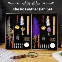 Classic Calligraphy Feather Pen Wax Ink Seal Stamp Set Vintage Wood Dip Pen Ink Bottles Gift for Students Adult Supplies