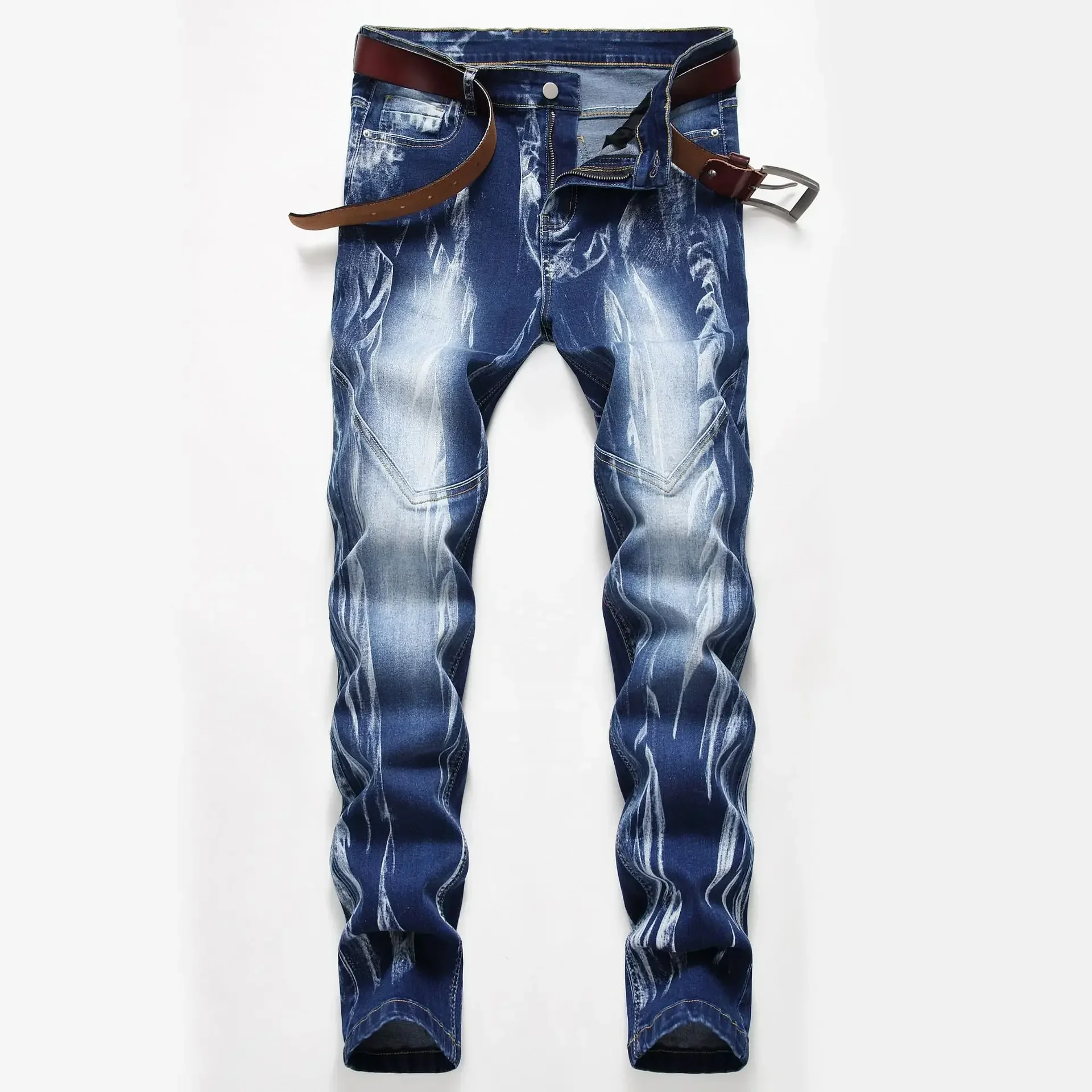 Fashion Print Men's Elasticity Slim Skinny Jeans Popular Spray Pattern DenimTrousers Male Casual Streetwear Brand Long Pants