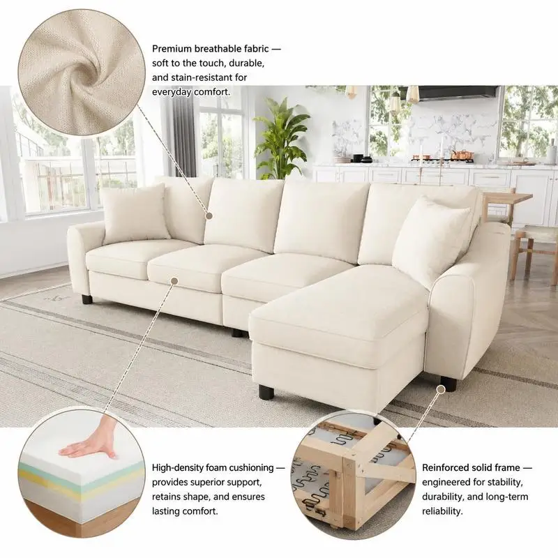 Canapé sectionnel en forme de L 3 places en chenille avec chaise longue de rangement, dossier réglable et porte-gobelets, canapé d'angle modulaire beige 280×136×82cm