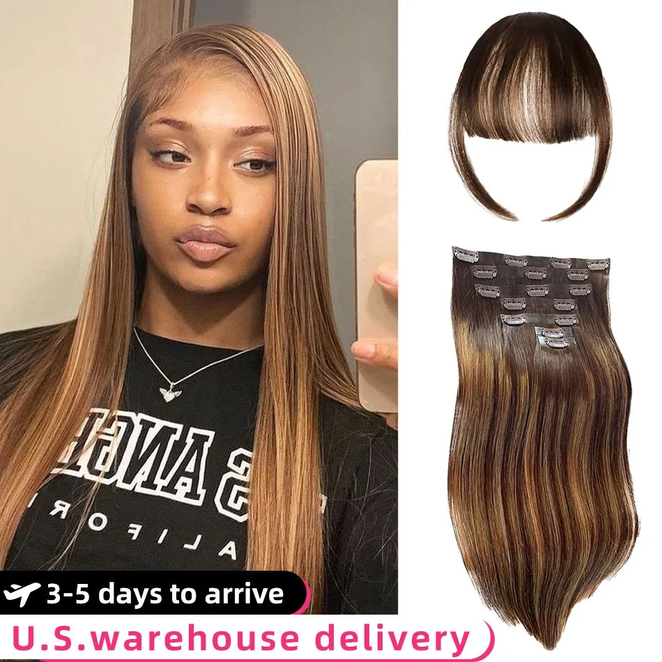 

# 4/27 Highlight Clip Ins Наращивание волос 100% волосы Remy Прямые заколки для человеческих волос на всю голову в волосах Ombre Коричневый цвет 140 г/компл.