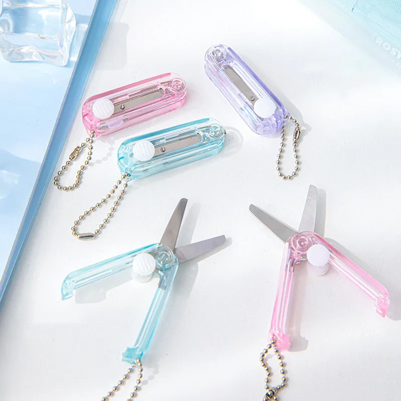 Mini Scissors Small Transparent Candy Color Fold Telescopic Stationery Scissors with Pendant Safety Scrapbook Scissors Student