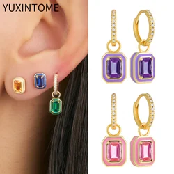 925 Sterling Silver Ear Needle Fashion Colorful Crystal Square Pendant Earrings for Women Enamel Hoop Earrings Luxury Jewelry